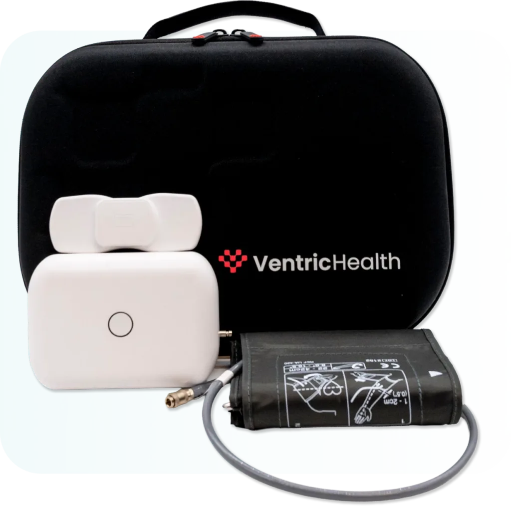 The complete Vivio System kit by Ventric Health, featuring portable hardware and a carrying case for mobile heart failure diagnosis.