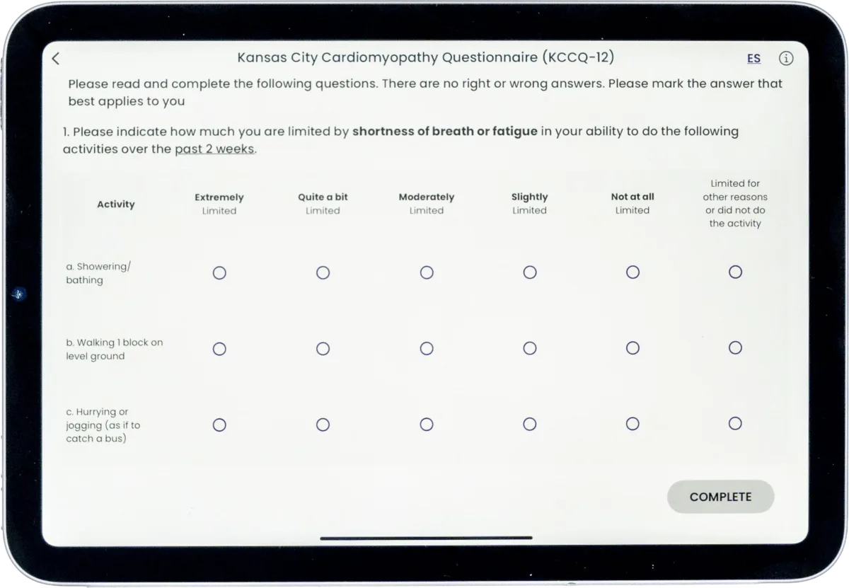 Tablet screen depicting the Kansas City Cardiomyopathy Questionnaire (KCCQ-12).