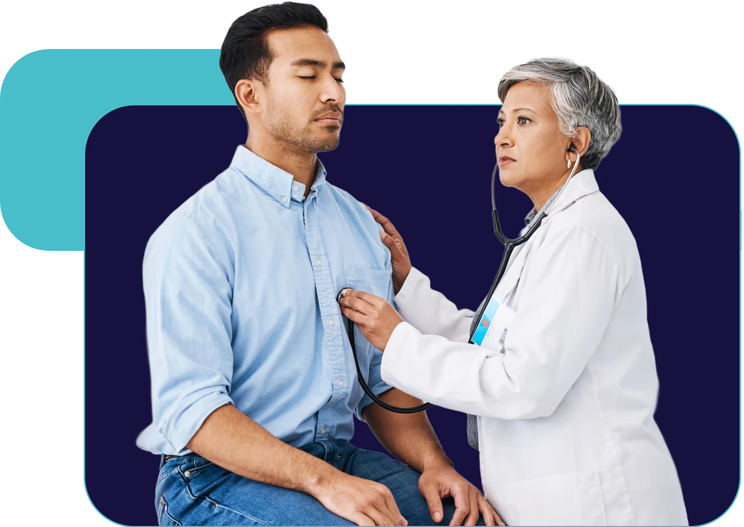 Healthcare professional listening to a patient’s chest with a stethoscope during a clinical exam.