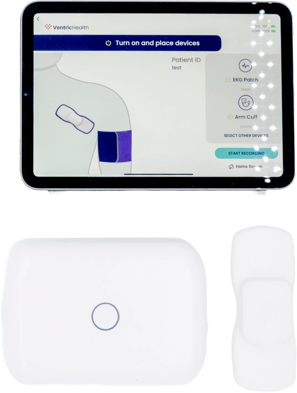Ventric Health Vivio System hardware components including the EKG patch, arm cuff, and tablet interface for guided heart failure diagnosis.