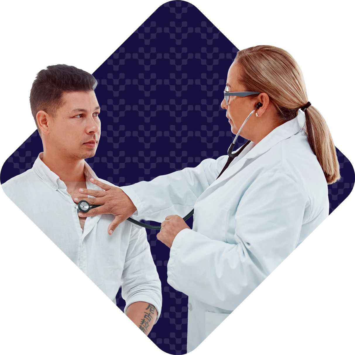 Healthcare professional using a stethoscope to listen to a patient's heart during a clinical consultation.
