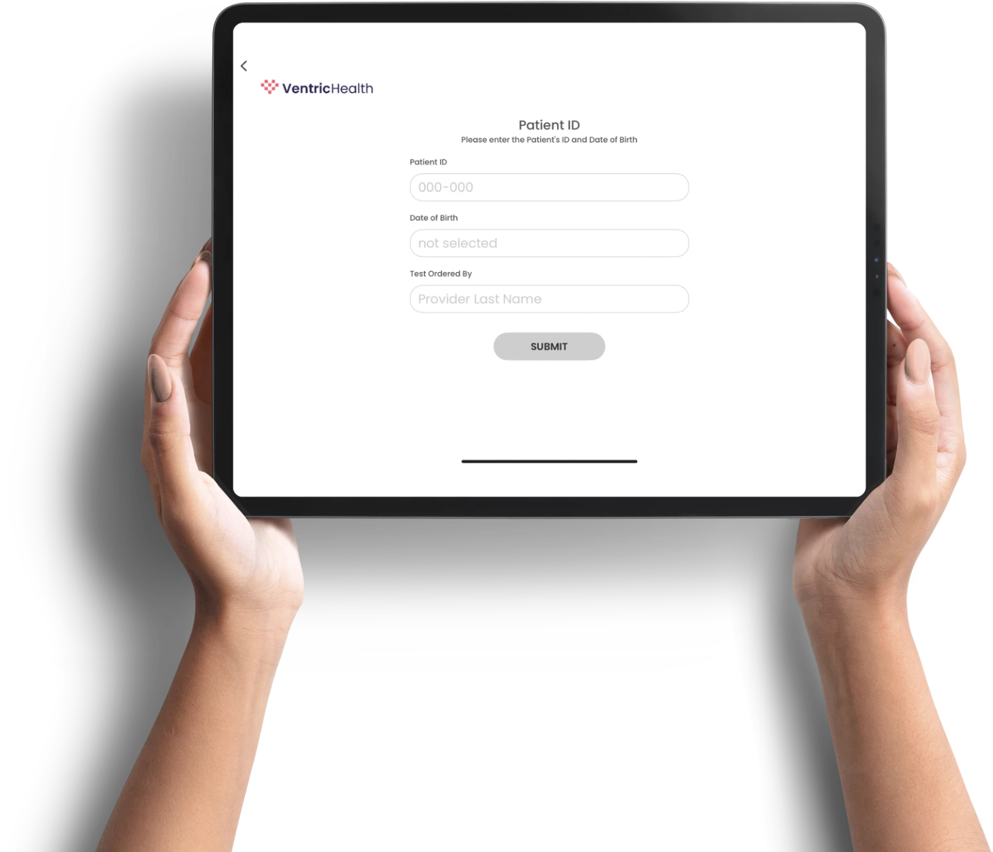 Hands holding a tablet displaying the Vivio System's intuitive patient ID entry screen, ready for a clinical heart failure diagnostic test.