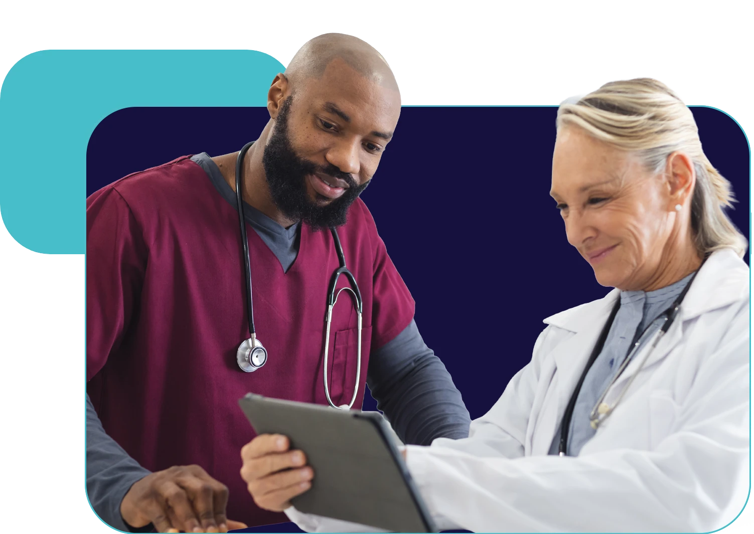 Clinicians collaborating over real-time diagnostic data on a tablet to identify heart failure earlier.